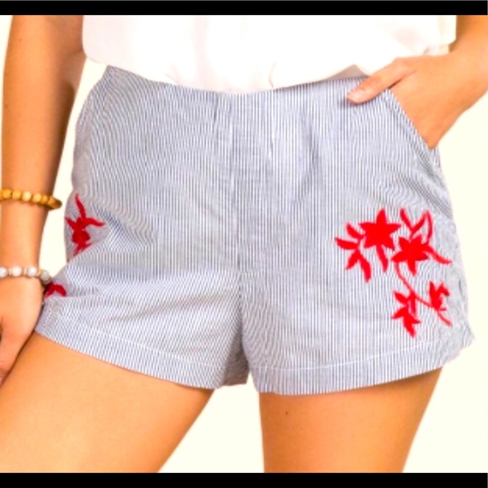 Miami Women’s Pin Stripe Blue Shorts With Red Flowers